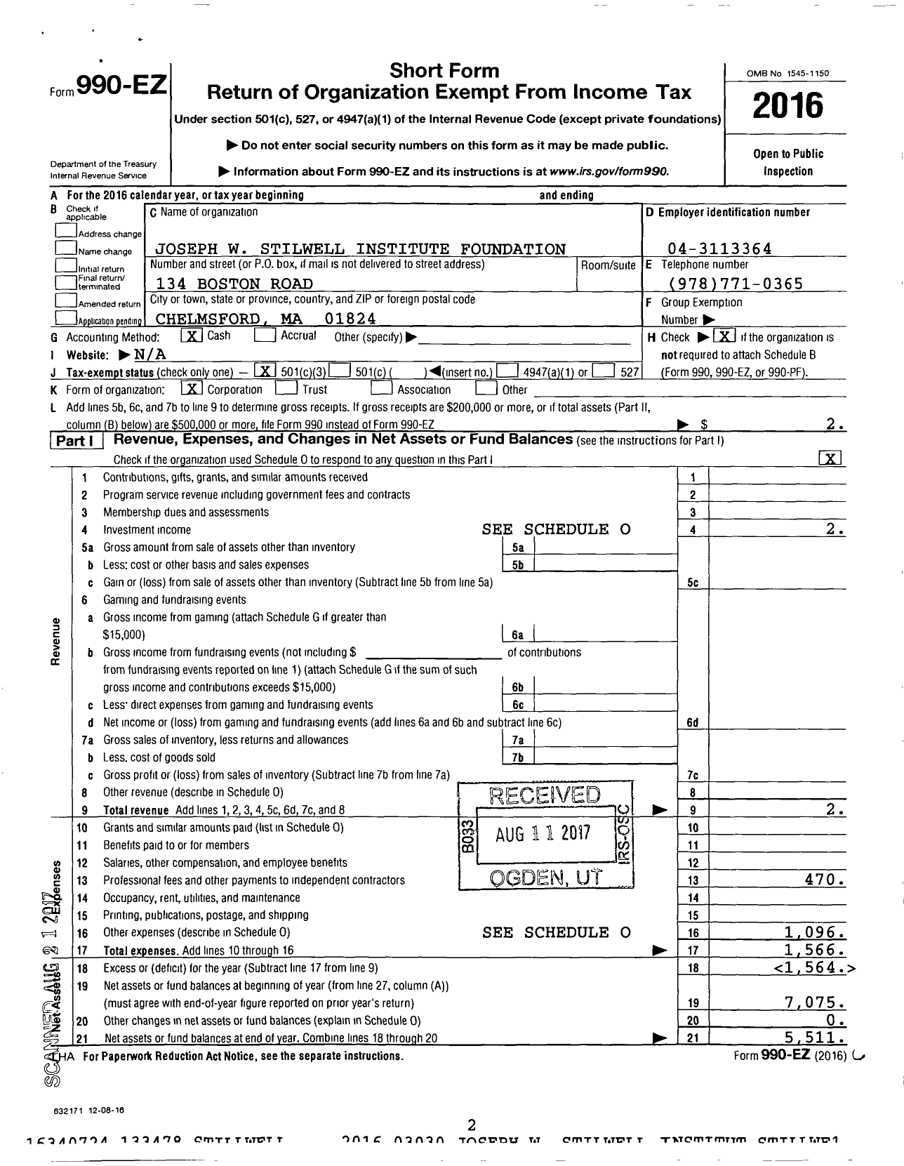 Image of first page of 2016 Form 990EZ for Joseph W Stilwell Institute Foundation