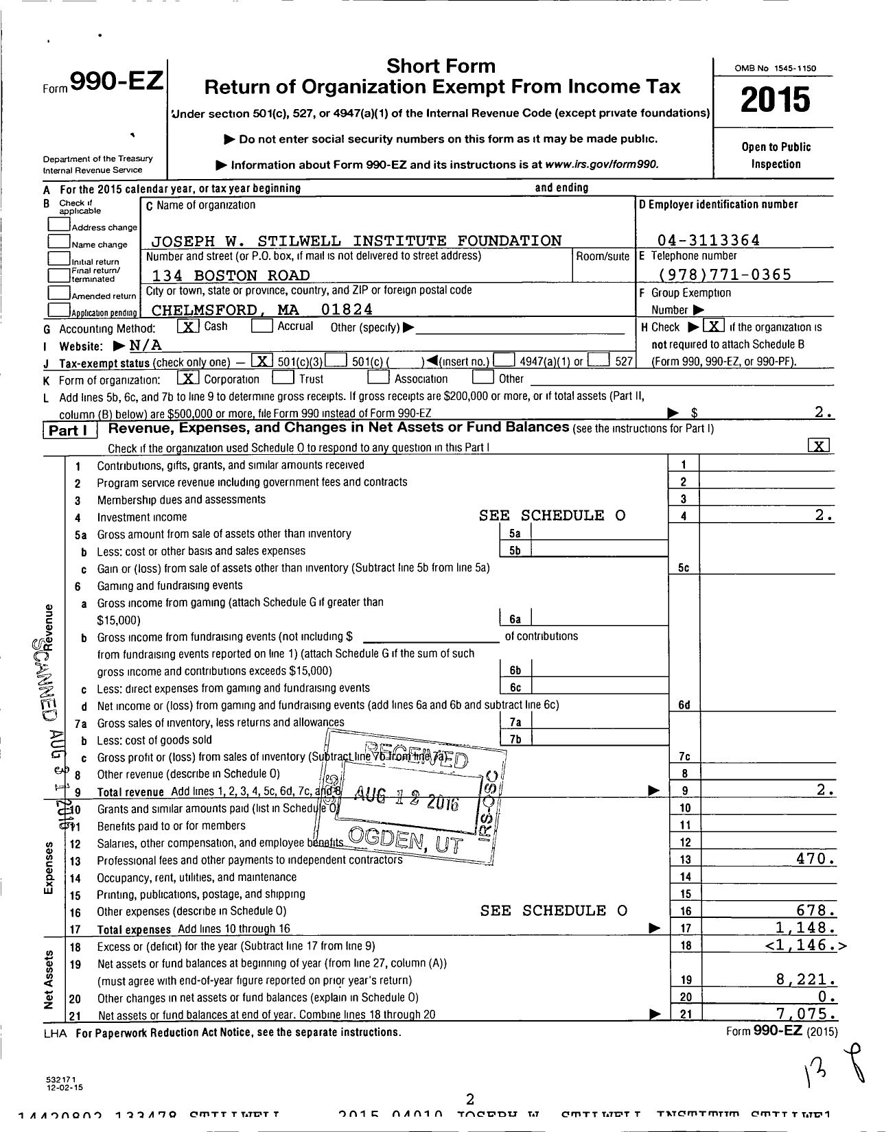 Image of first page of 2015 Form 990EZ for Joseph W Stilwell Institute Foundation