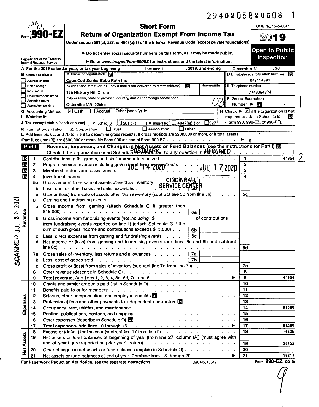 Image of first page of 2019 Form 990EZ for Cape Cod Senior Babe Ruth