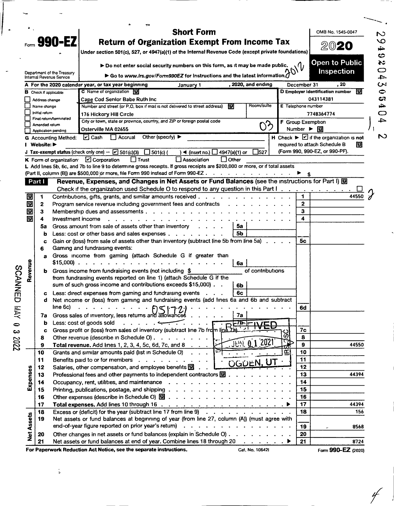 Image of first page of 2020 Form 990EZ for Cape Cod Senior Babe Ruth