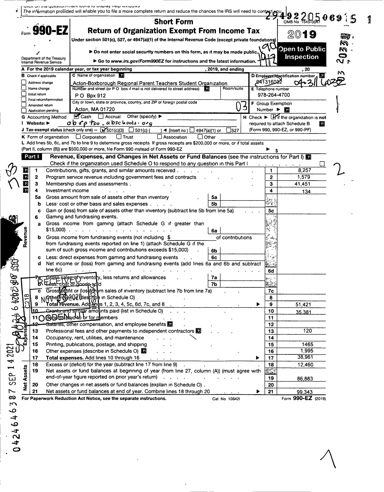 Image of first page of 2018 Form 990EZ for Acton-Boxborough Regional Parent Teachers Student Organization