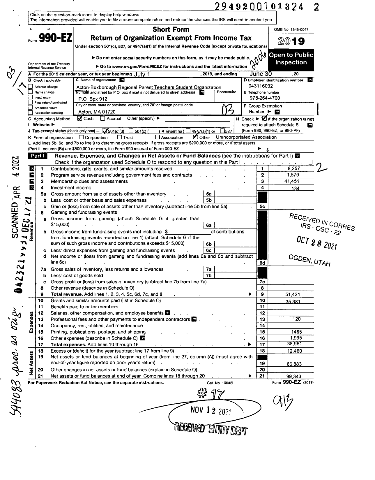 Image of first page of 2019 Form 990EZ for Acton-Boxborough Regional Parent Teachers Student Organization