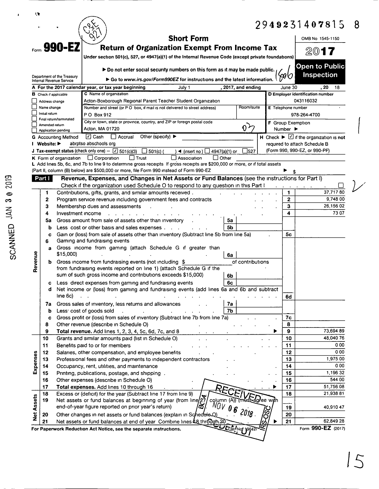 Image of first page of 2017 Form 990EZ for Acton-Boxborough Regional Parent Teachers Student Organization