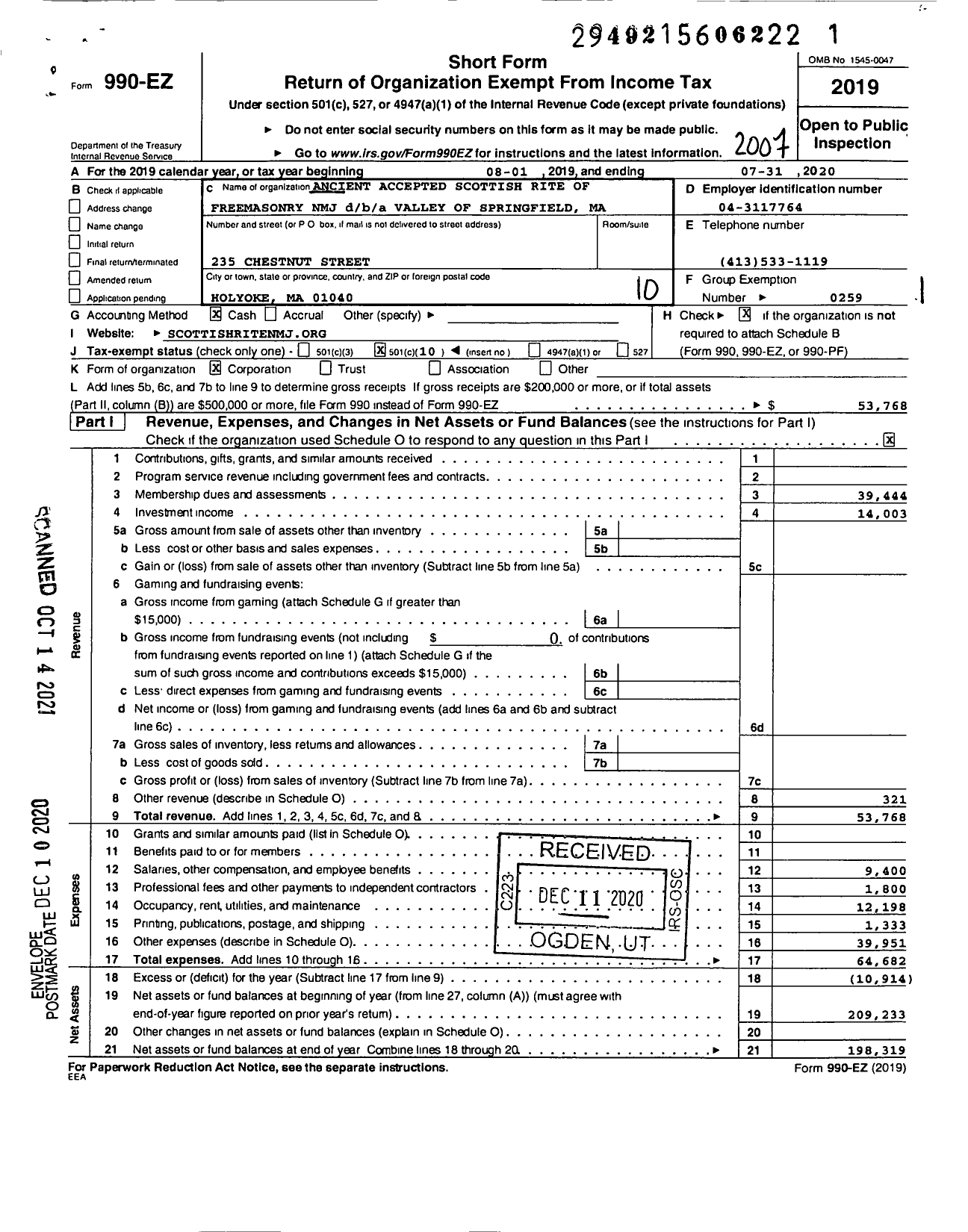 Image of first page of 2019 Form 990EO for Scottish Rite, NMJ - Valley of Springfield Ma