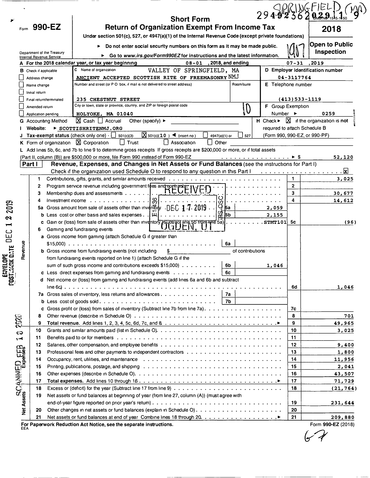 Image of first page of 2018 Form 990EO for Scottish Rite, NMJ - Valley of Springfield Ma