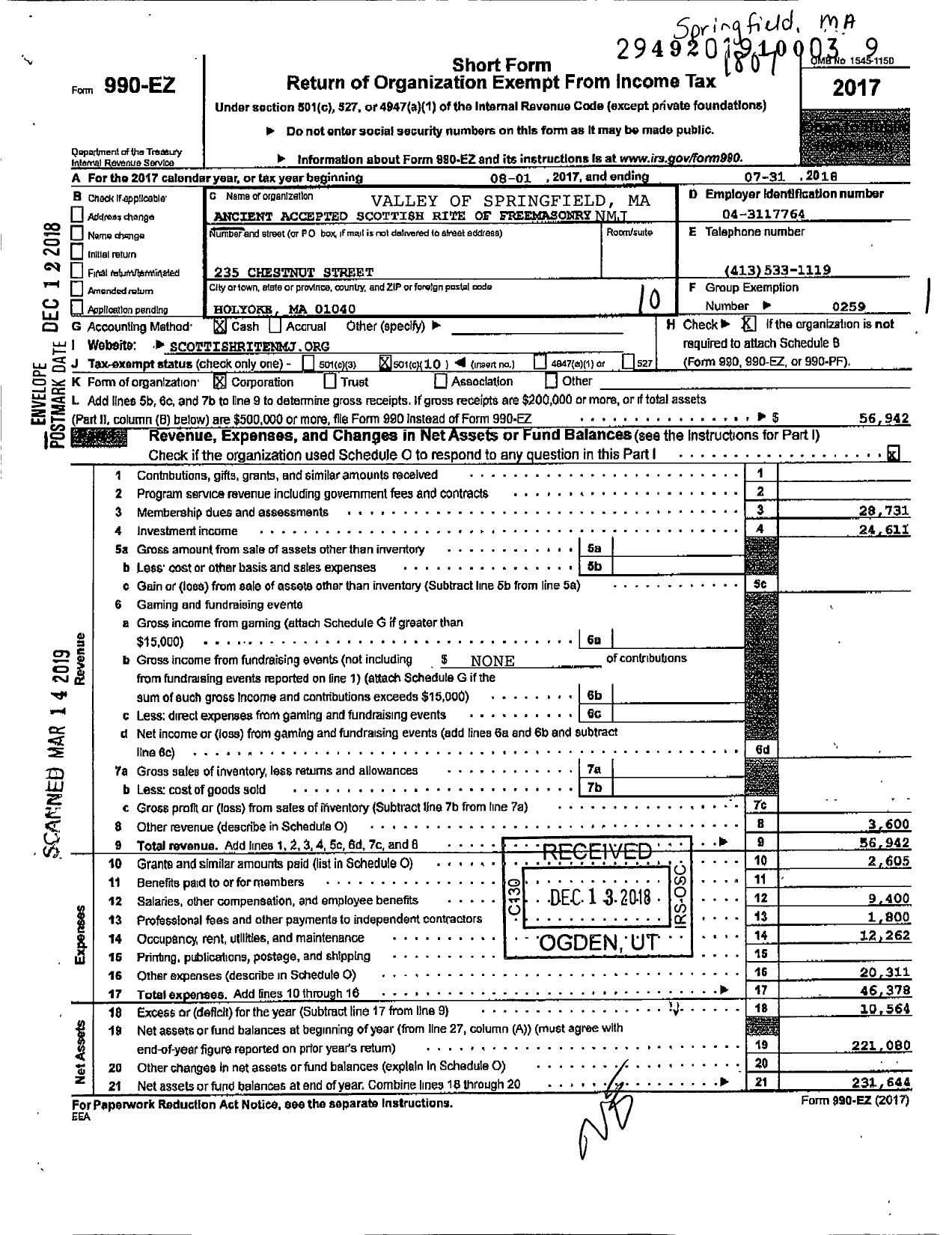 Image of first page of 2017 Form 990EO for Scottish Rite, NMJ - Valley of Springfield Ma