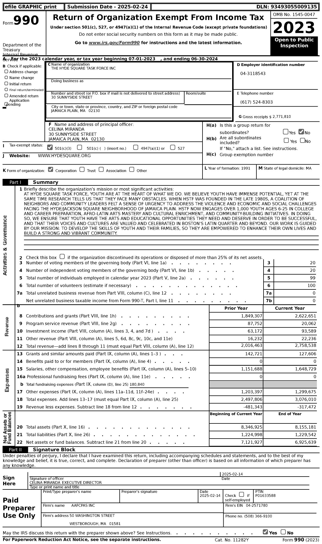 Image of first page of 2023 Form 990 for The Hyde Square Task Force