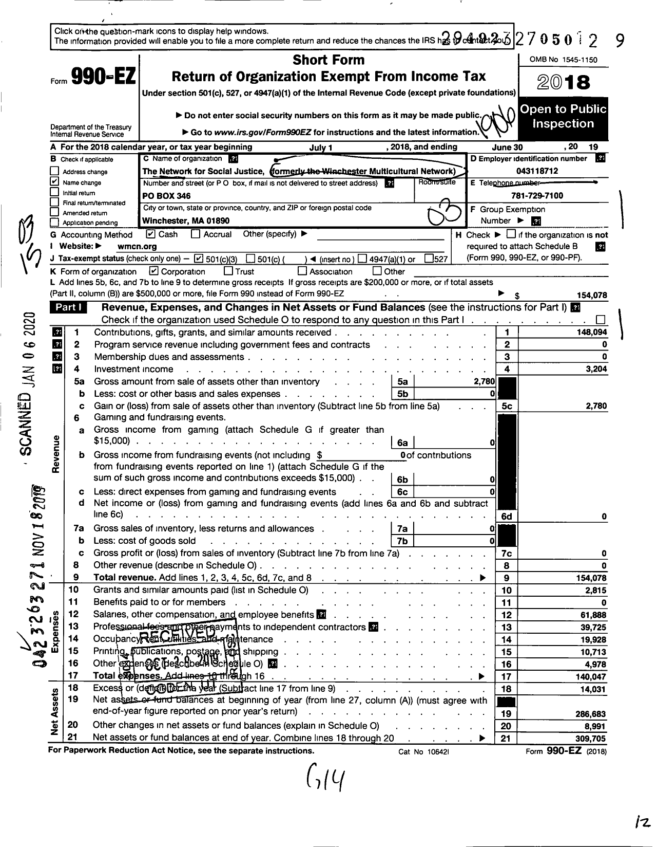 Image of first page of 2018 Form 990EZ for The Network for Social Justice