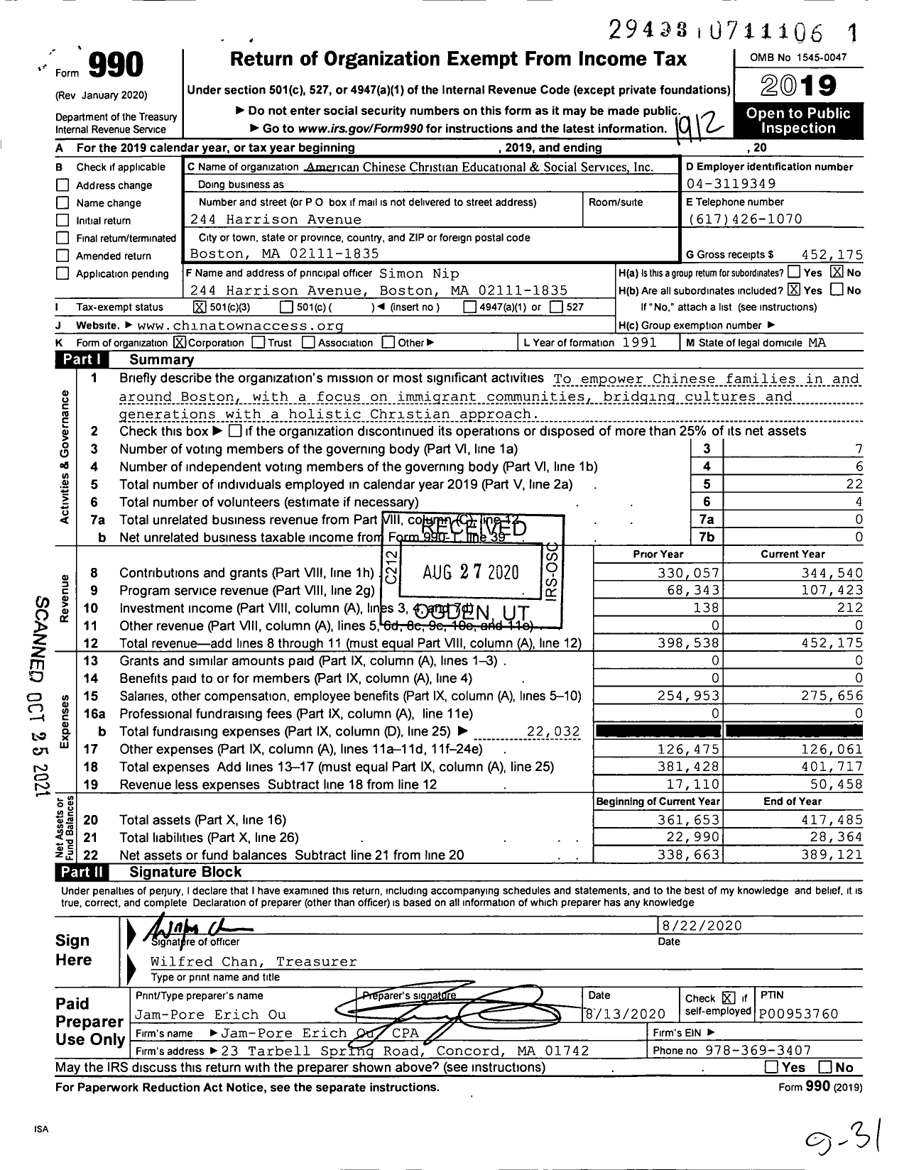 Image of first page of 2019 Form 990 for American Chinese Christian Educational and Social Services