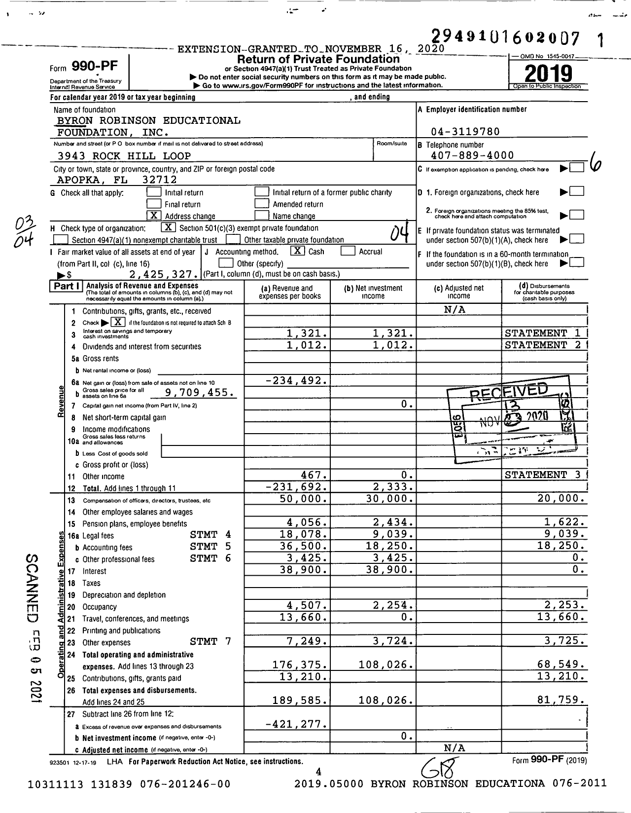 Image of first page of 2019 Form 990PF for Byron Robinson Educational Foundation