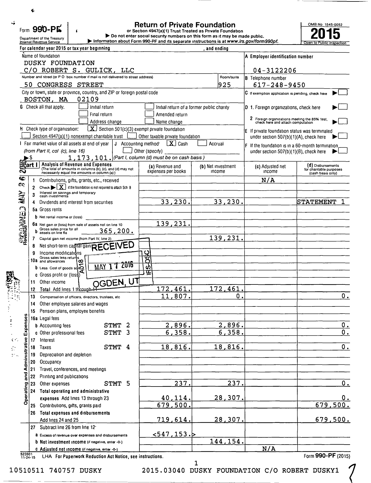 Image of first page of 2015 Form 990PF for Dusky Foundation