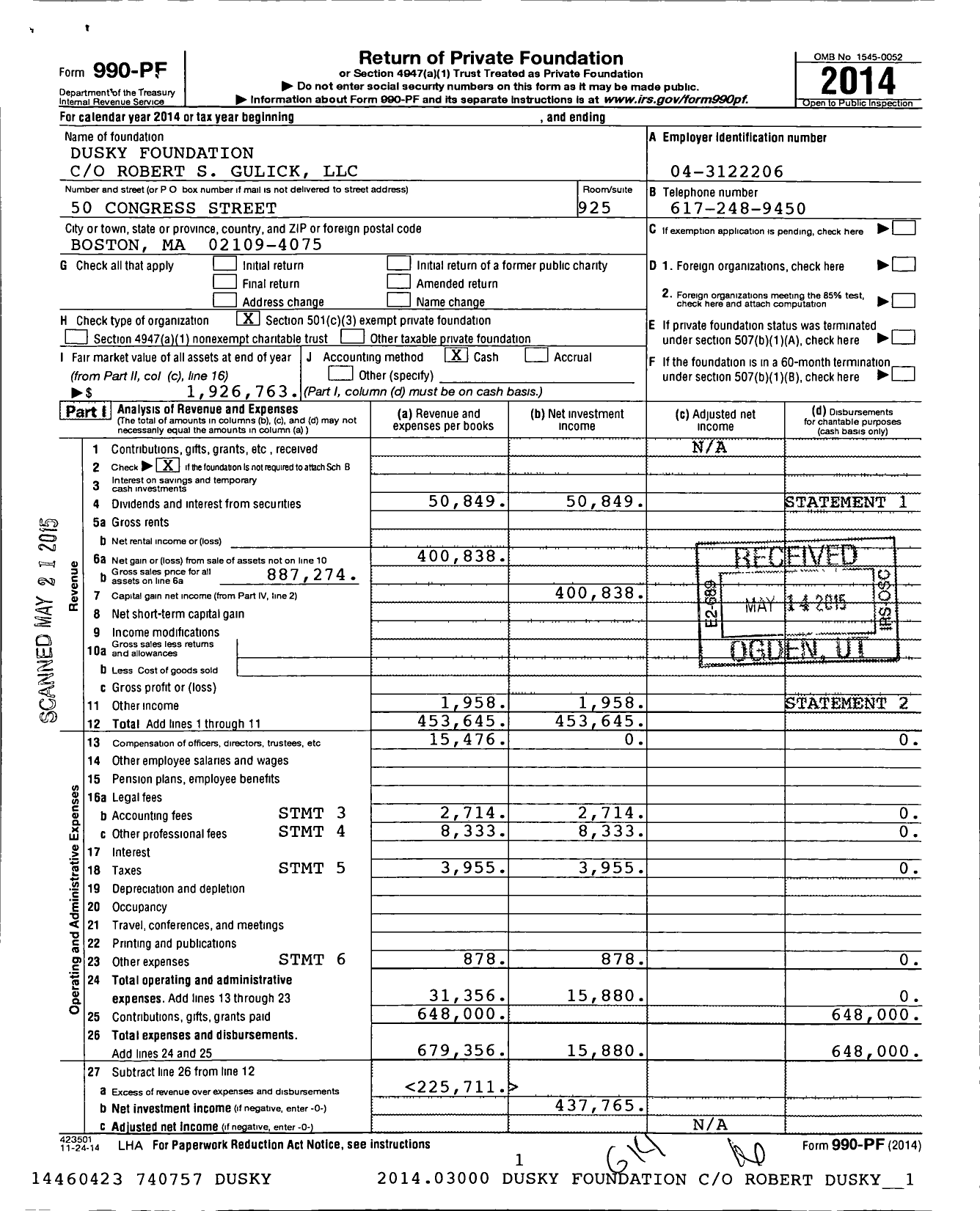 Image of first page of 2014 Form 990PF for Dusky Foundation