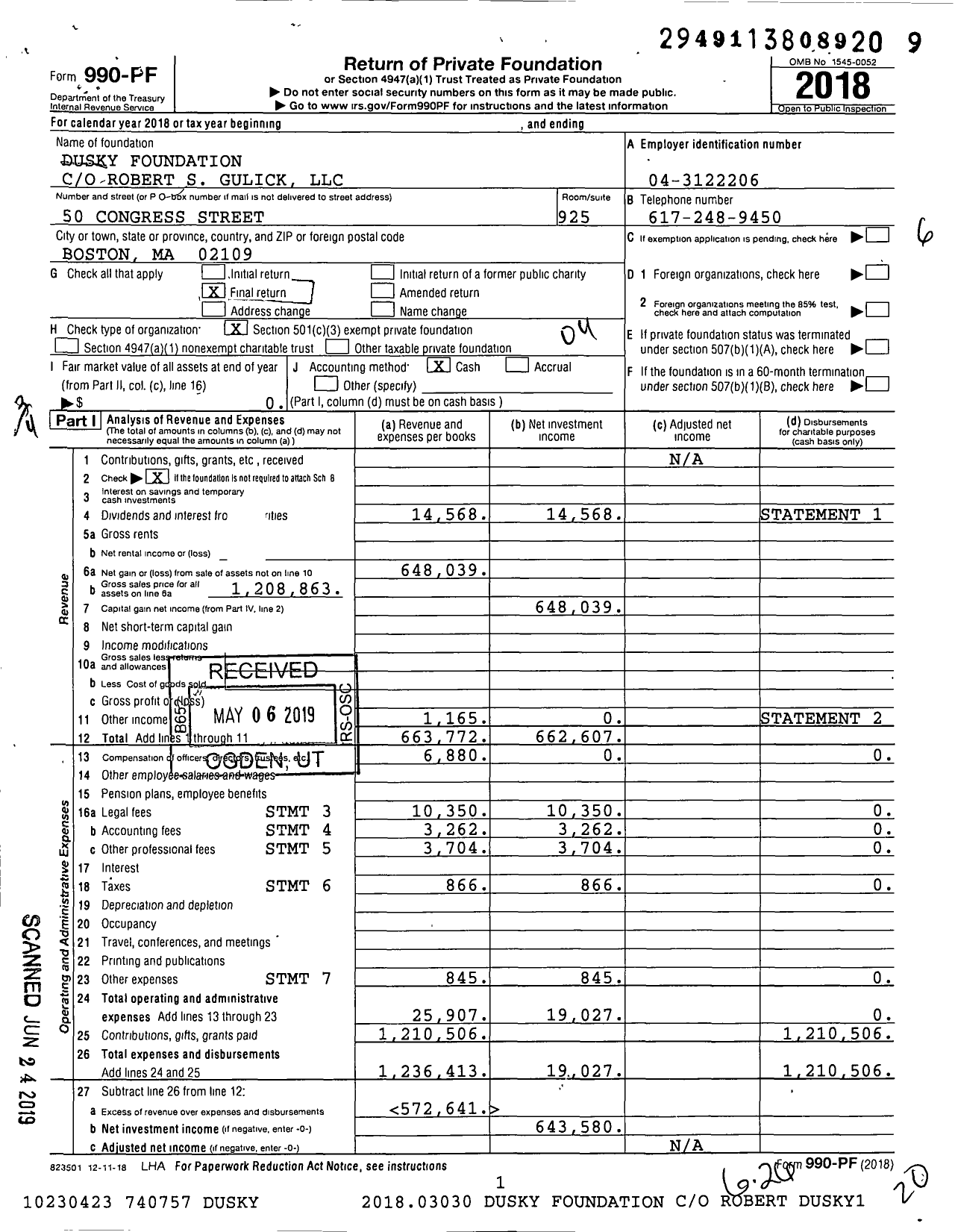 Image of first page of 2018 Form 990PF for Dusky Foundation