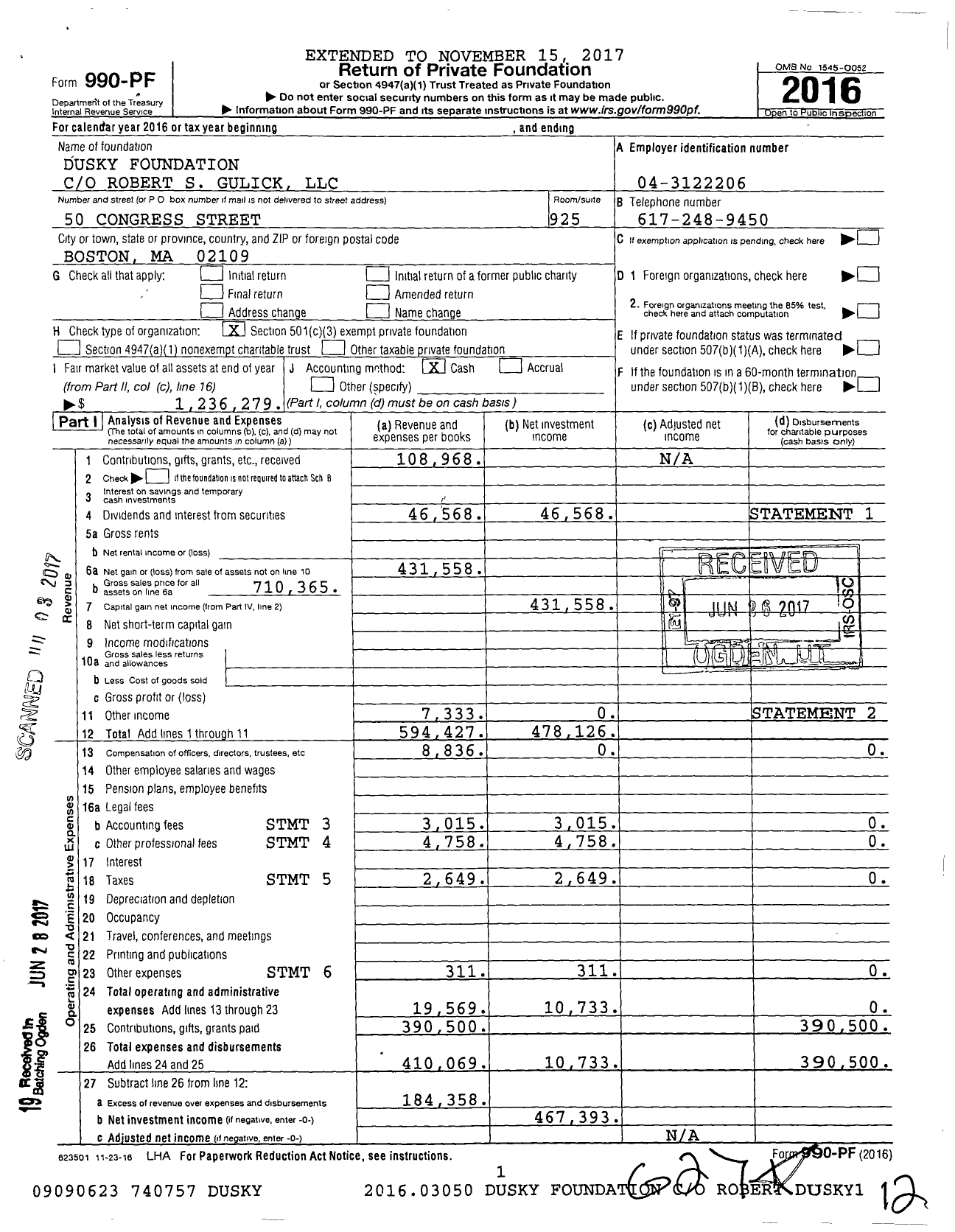 Image of first page of 2016 Form 990PF for Dusky Foundation