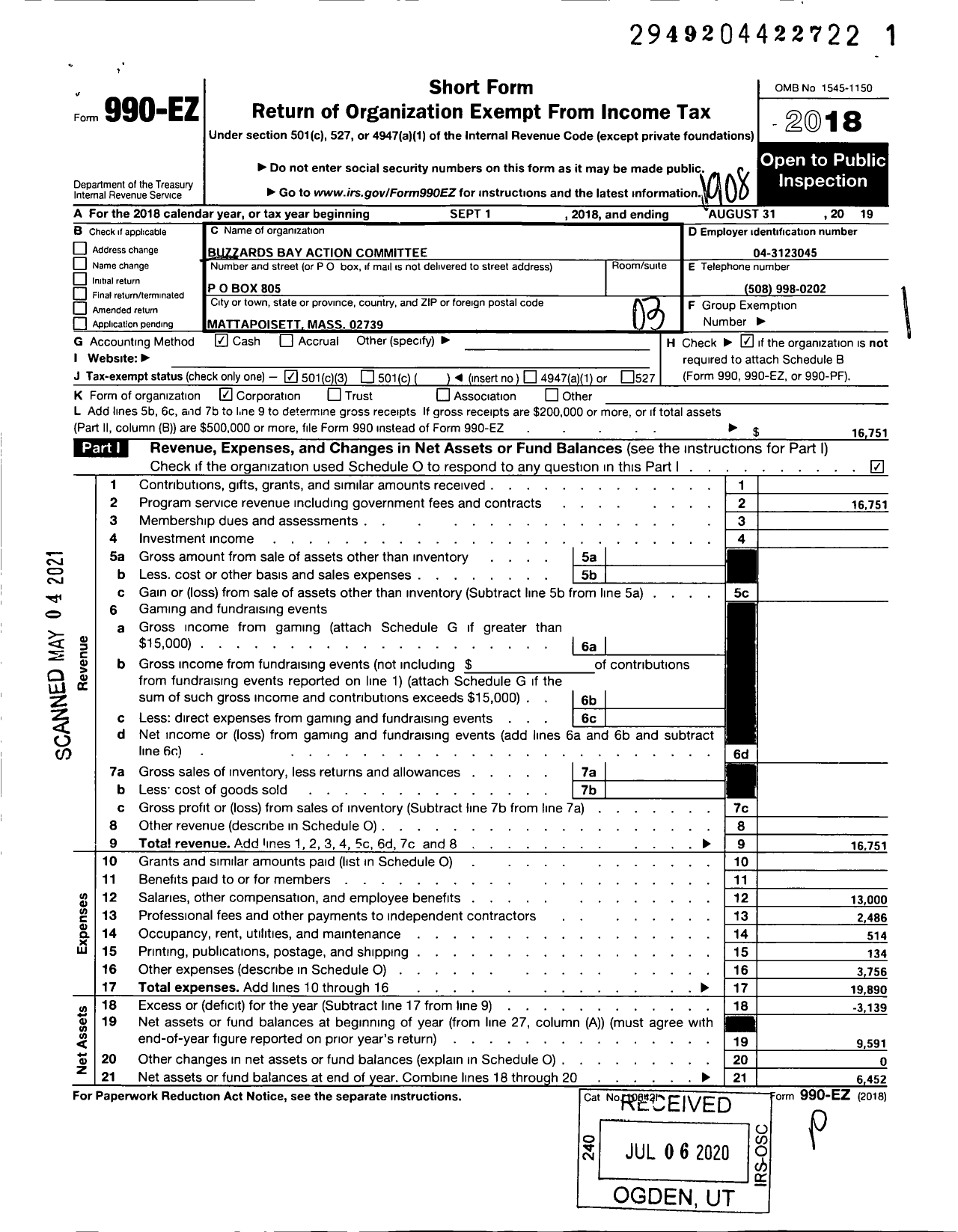 Image of first page of 2018 Form 990EZ for Buzzards Bay Action Committee Incorporated