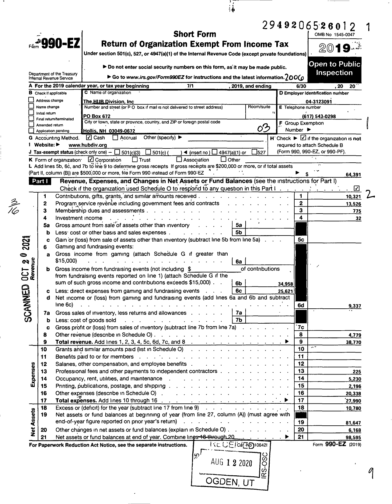 Image of first page of 2019 Form 990EZ for Hub Division