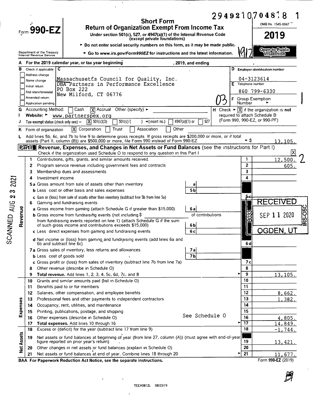 Image of first page of 2019 Form 990EZ for Massachusetts Council for Quality