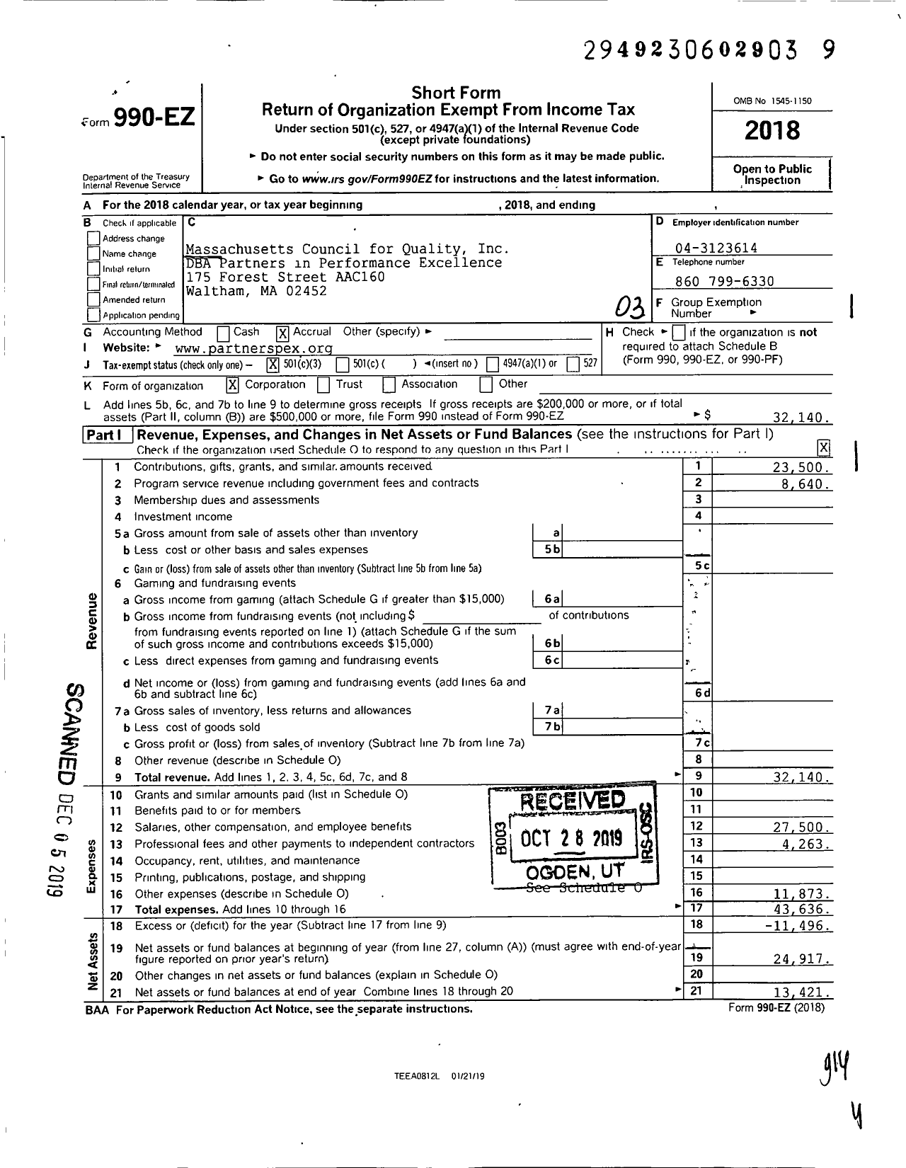 Image of first page of 2018 Form 990EZ for Massachusetts Council for Quality
