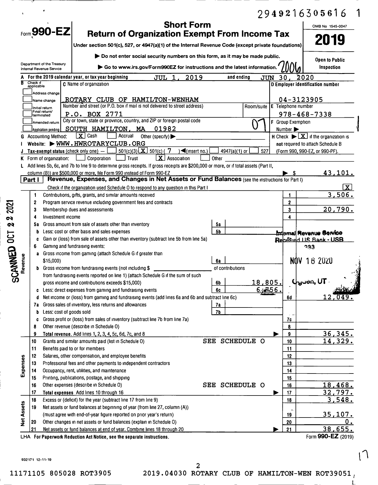 Image of first page of 2019 Form 990EO for Rotary International - Rotary Club of Hamilton-Wenham