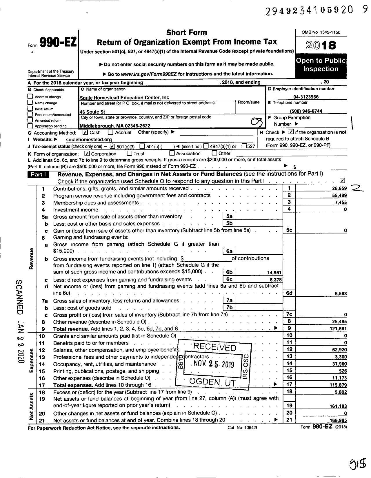 Image of first page of 2018 Form 990EZ for Soule Homestead Education Center