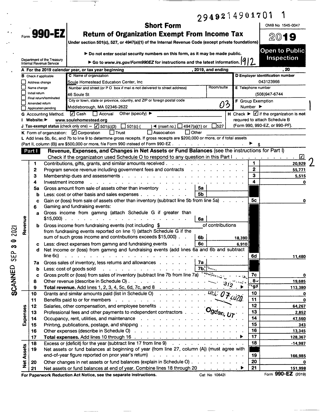 Image of first page of 2019 Form 990EZ for Soule Homestead Education Center