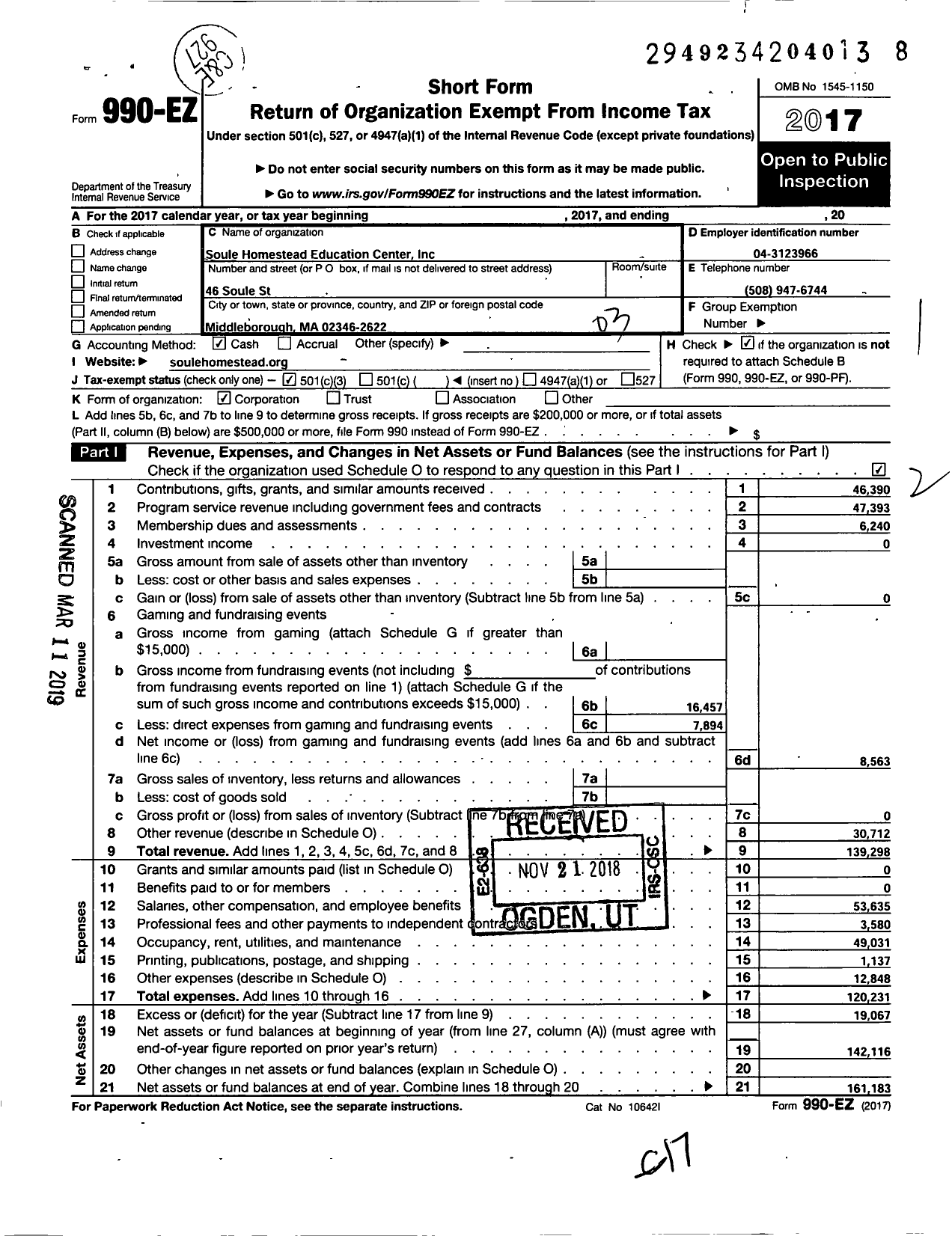 Image of first page of 2017 Form 990EZ for Soule Homestead Education Center