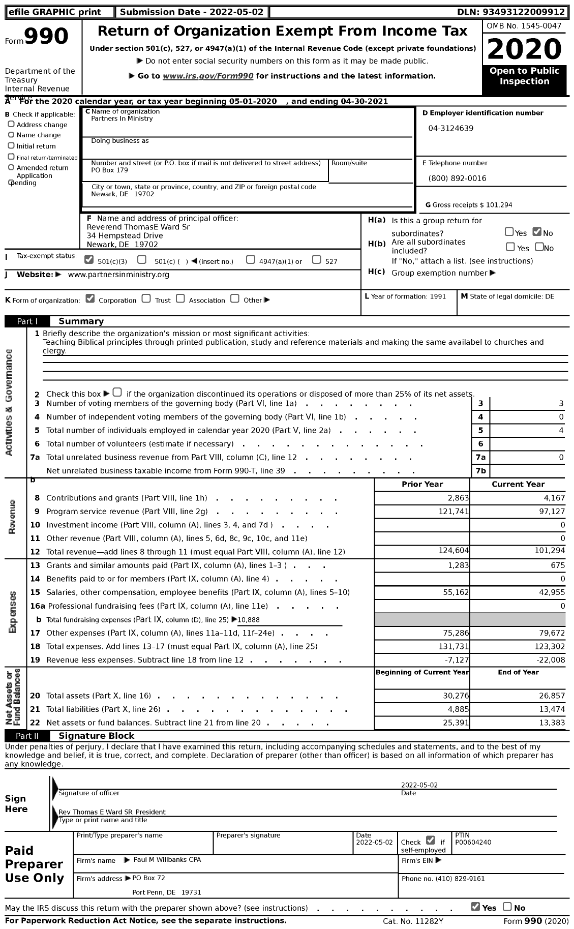 Image of first page of 2020 Form 990 for Partners In Ministry