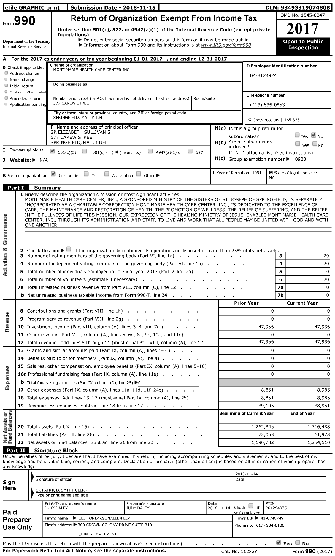 Image of first page of 2017 Form 990 for Mont Marie Health Care Center