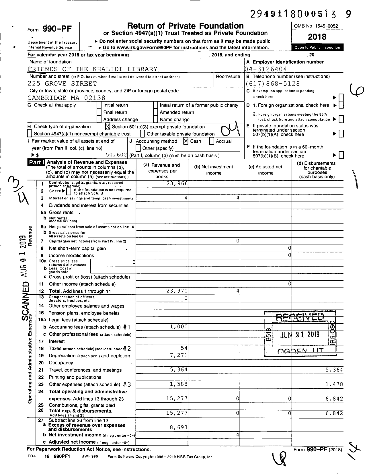 Image of first page of 2018 Form 990PF for Friends of Khalidi Library