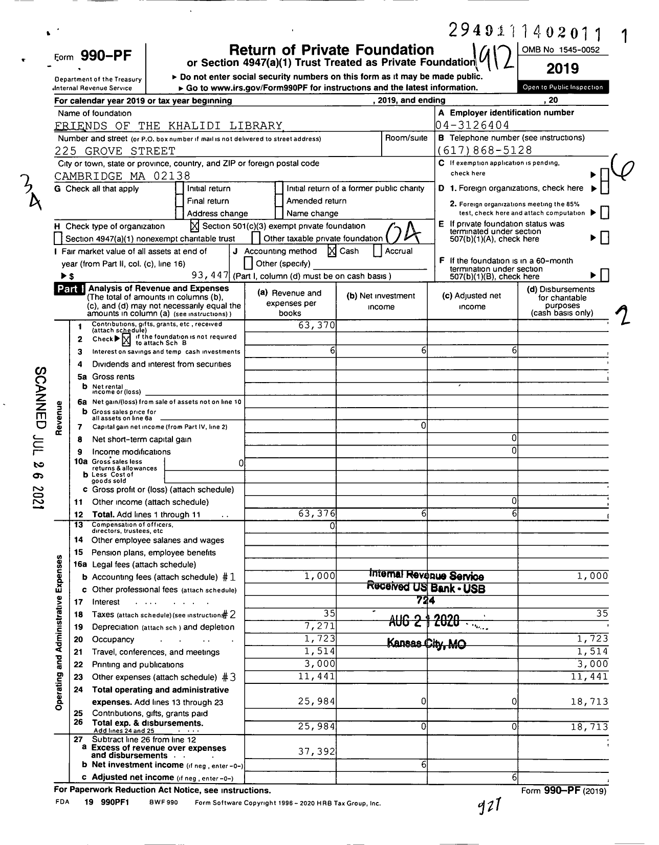 Image of first page of 2019 Form 990PF for Friends of Khalidi Library