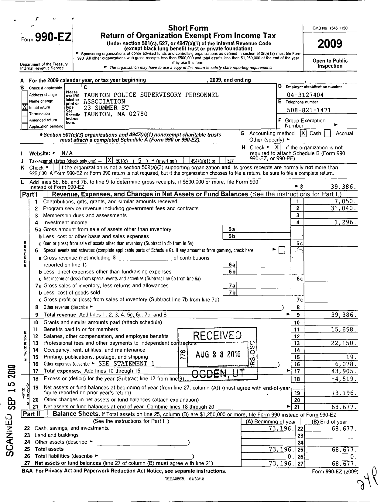 Image of first page of 2009 Form 990EO for Taunton Police Supervisory Personnel Association