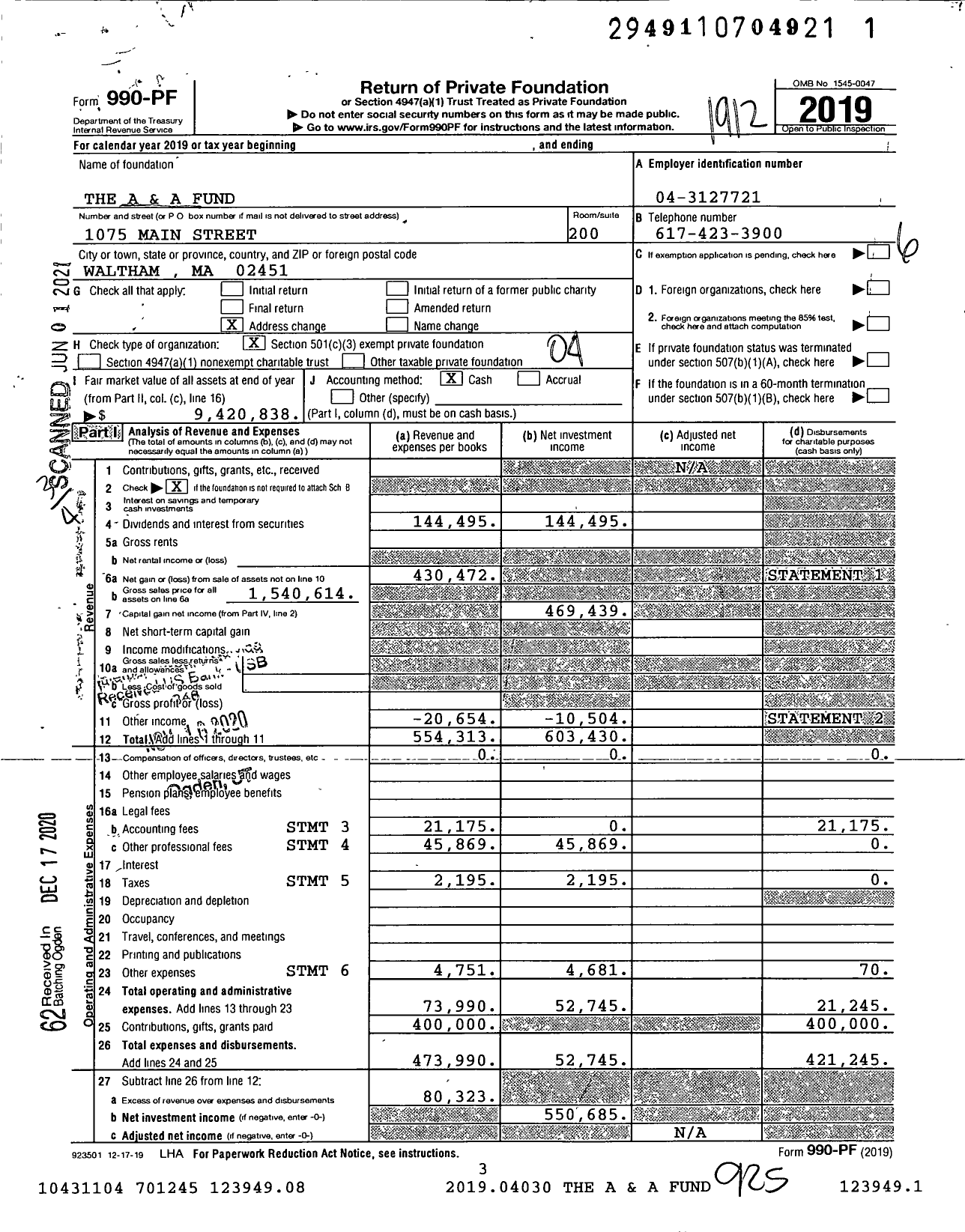 Image of first page of 2019 Form 990PF for The A and A Fund