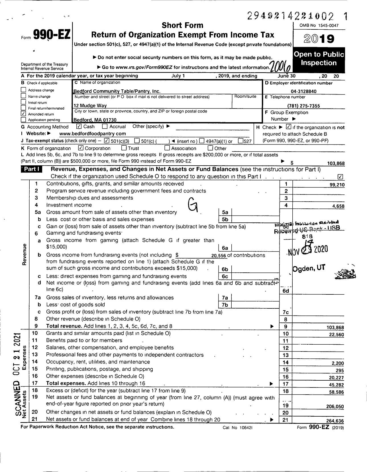 Image of first page of 2019 Form 990EZ for Bedford Community Table-Pantry