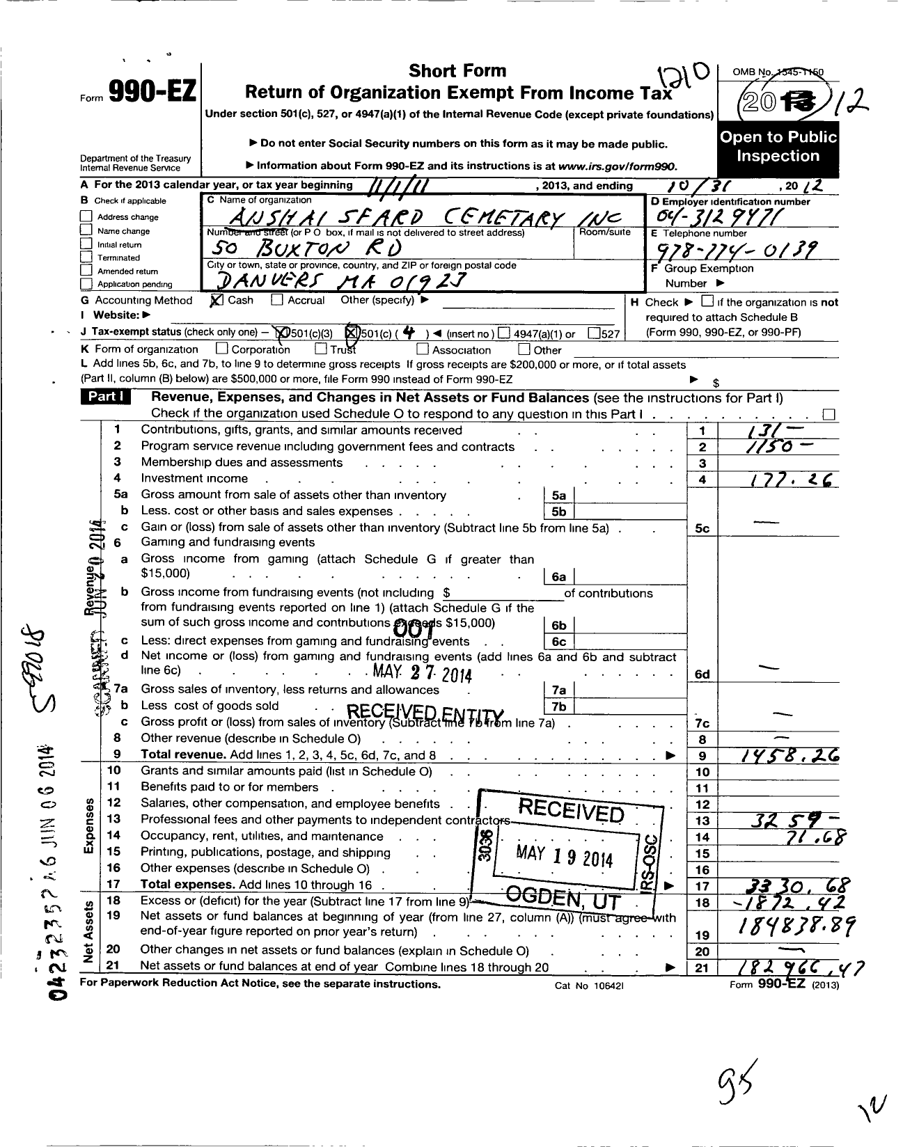 Image of first page of 2011 Form 990EZ for Anshai Sfard Cemetary