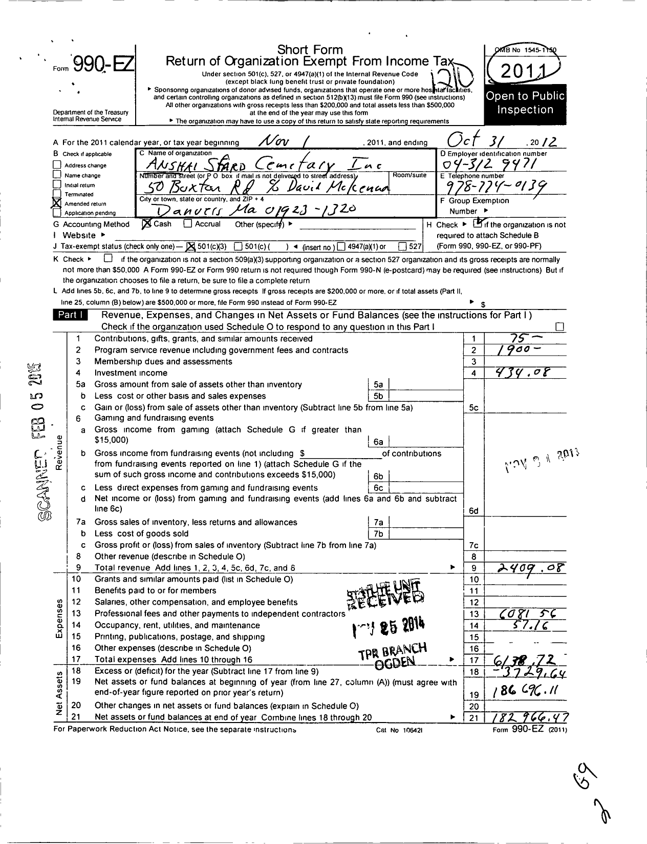 Image of first page of 2011 Form 990EZ for Anshai Sfard Cemetary