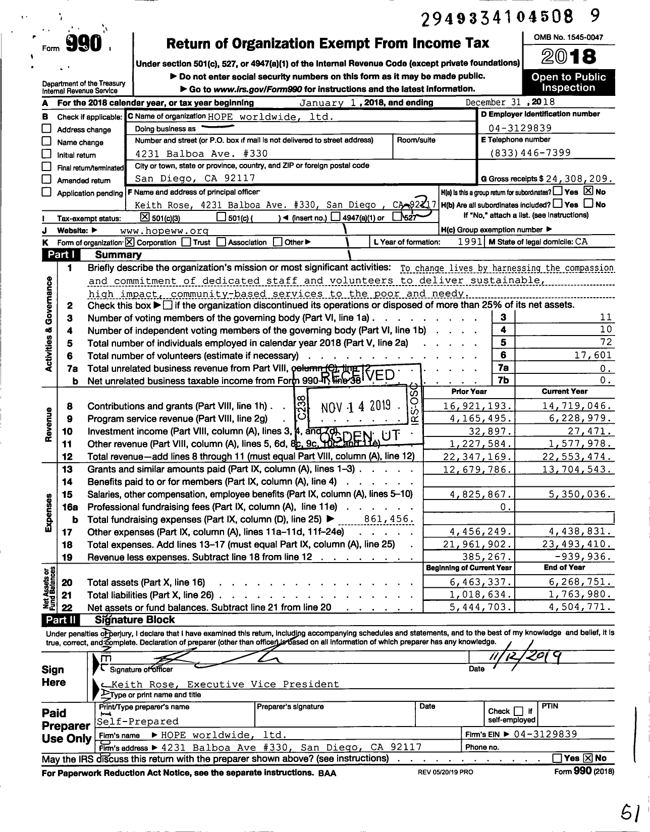Image of first page of 2018 Form 990 for Hope Worldwide