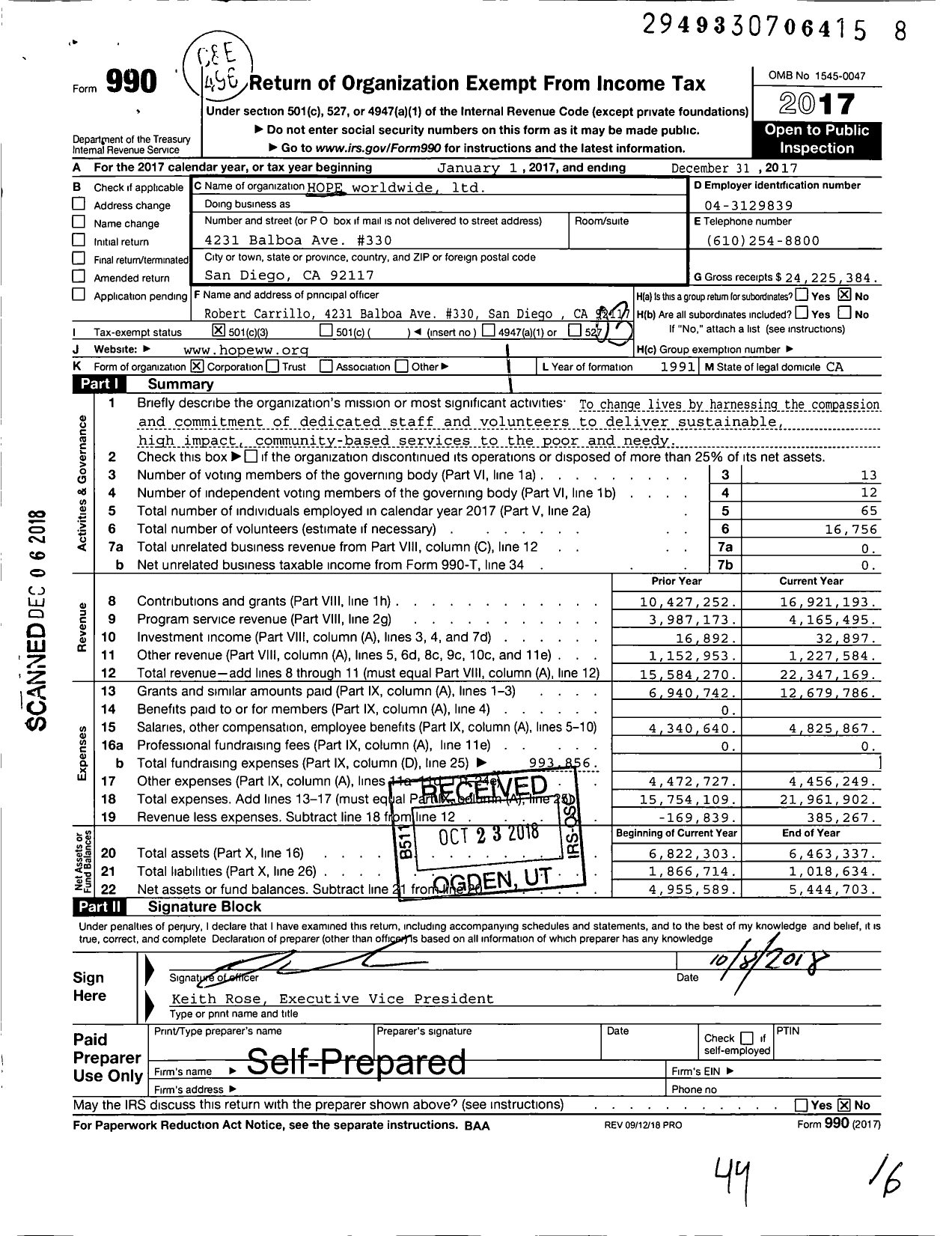 Image of first page of 2017 Form 990 for Hope Worldwide