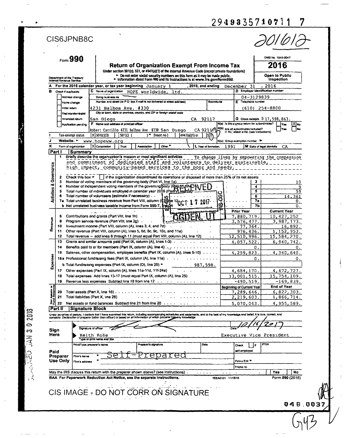 Image of first page of 2016 Form 990 for Hope Worldwide