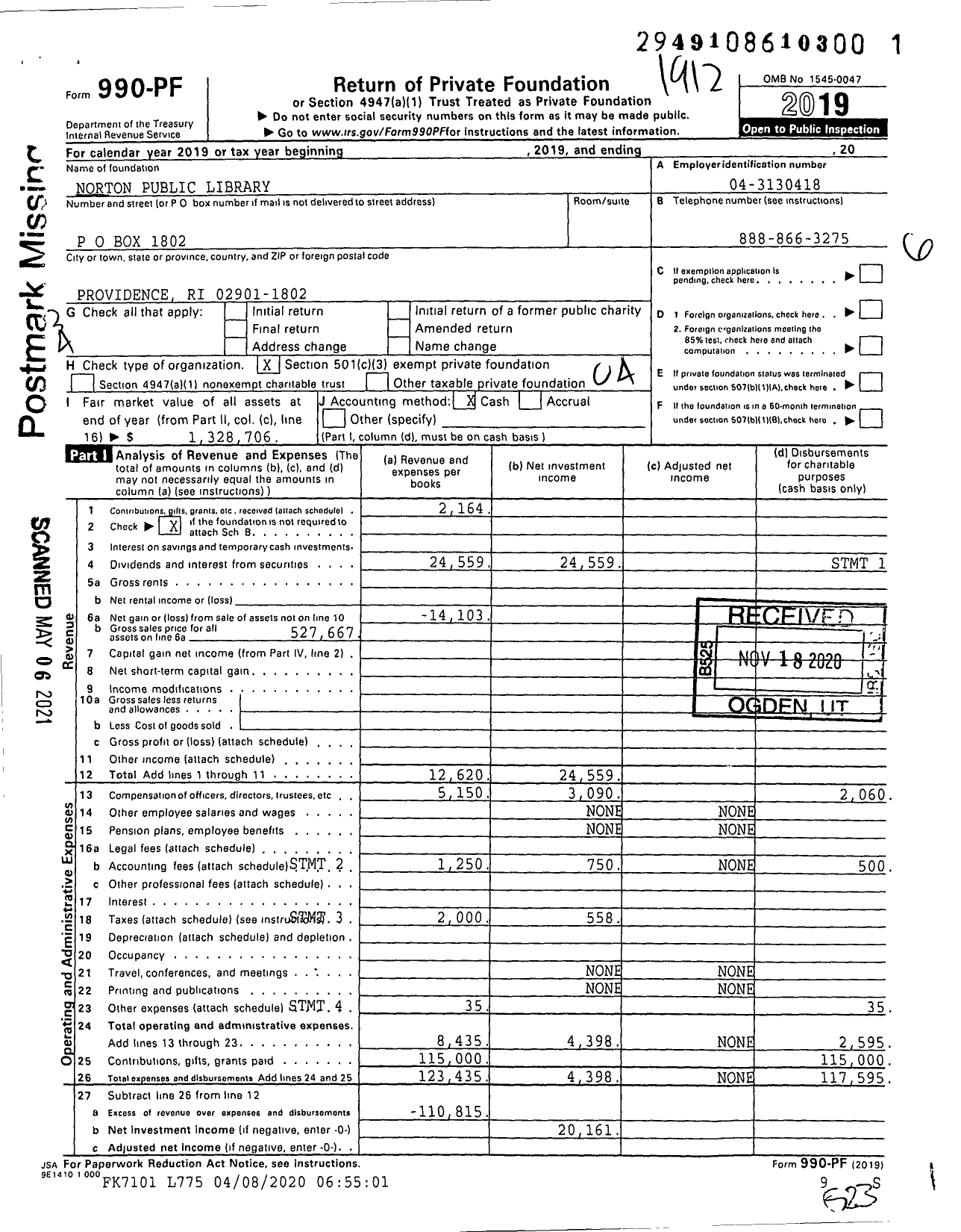 Image of first page of 2019 Form 990PF for Norton Public Library