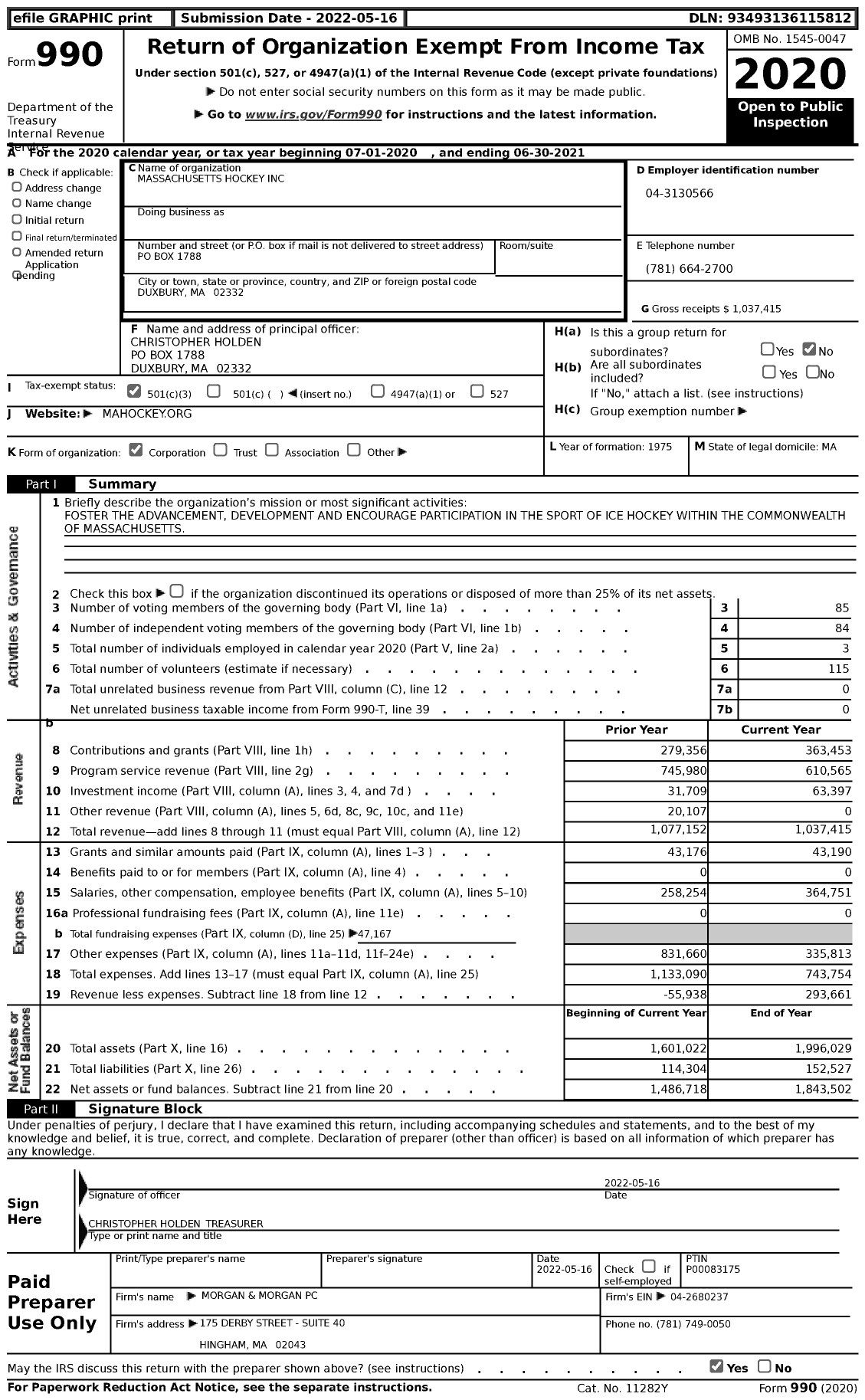 Image of first page of 2020 Form 990 for Massachusetts Hockey