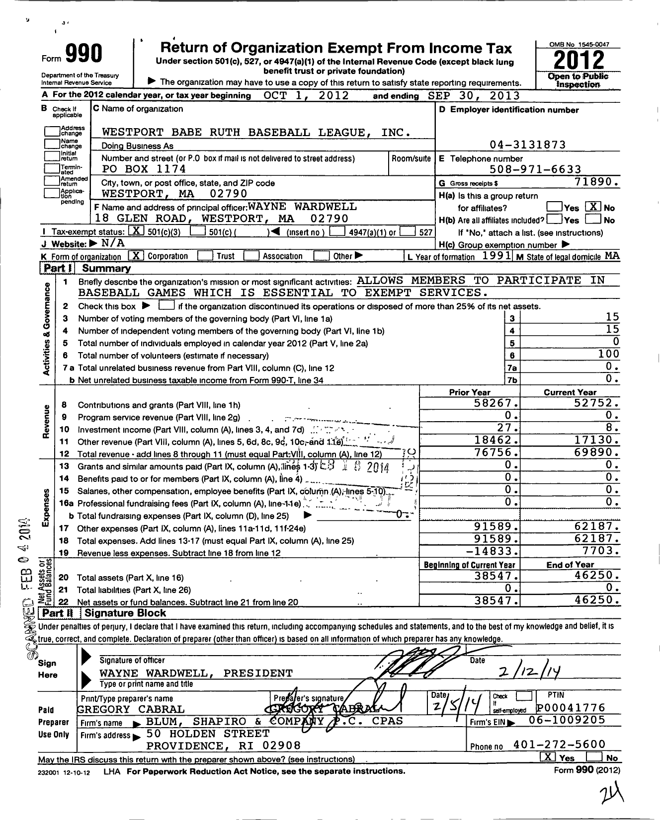 Image of first page of 2012 Form 990 for Westport Babe Ruth Baseball League