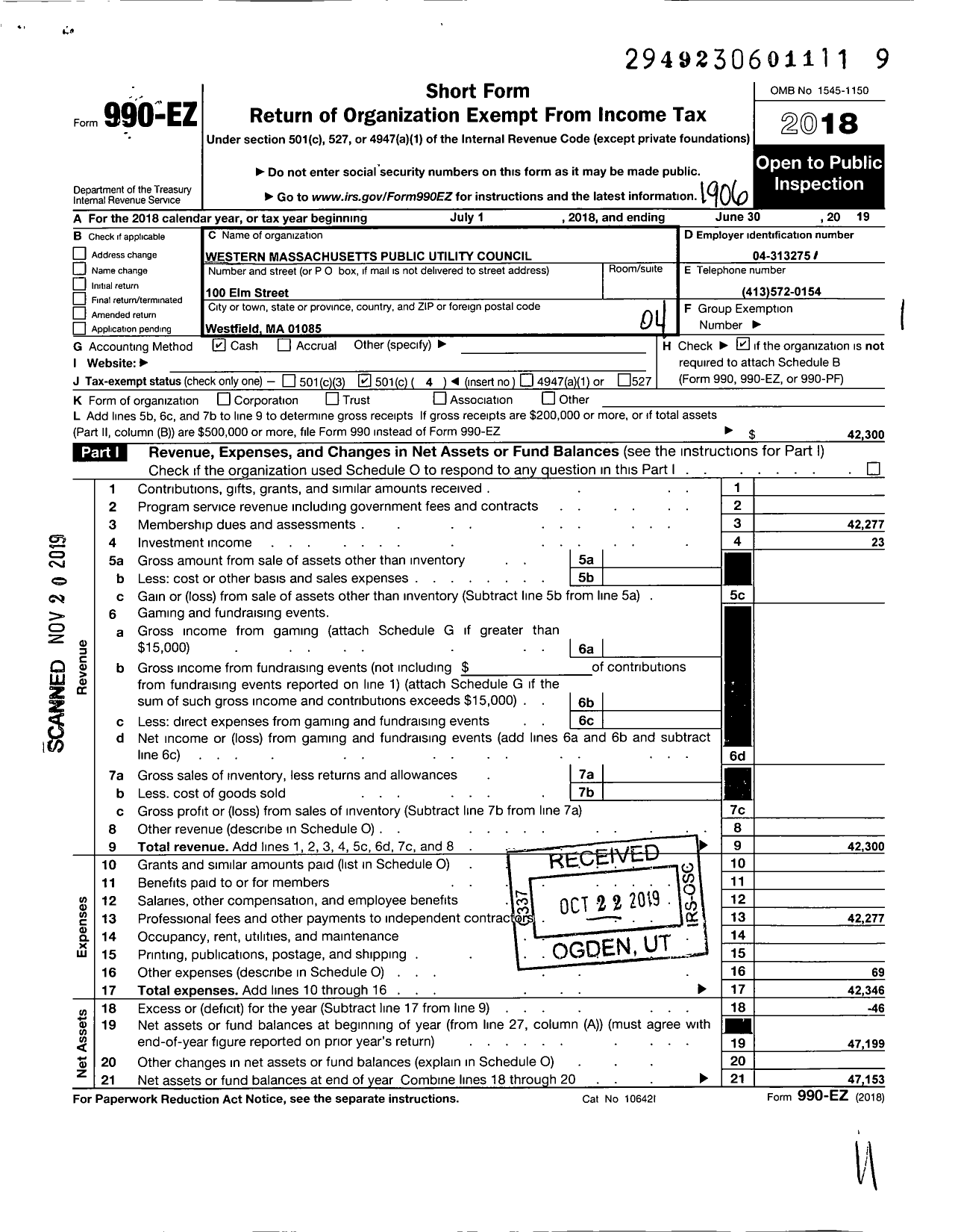 Image of first page of 2018 Form 990EO for Western Massachusetts Public Utilities Council (WMPUC)