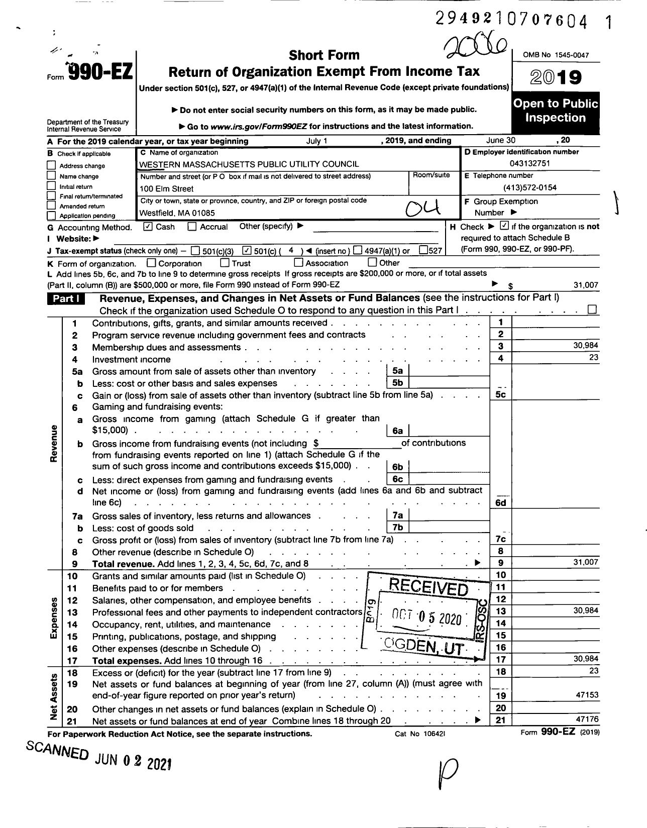 Image of first page of 2019 Form 990EO for Western Massachusetts Public Utilities Council (WMPUC)