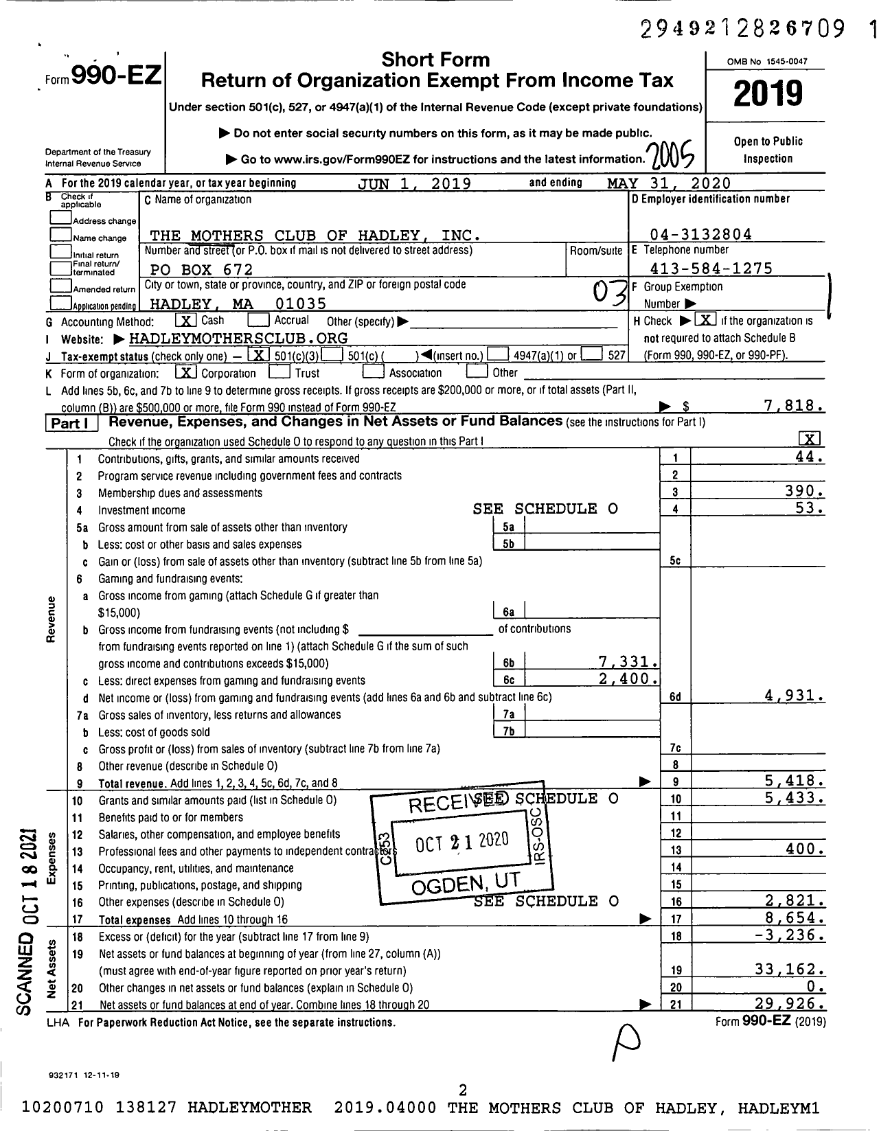 Image of first page of 2019 Form 990EZ for The Mothers Club of Hadley