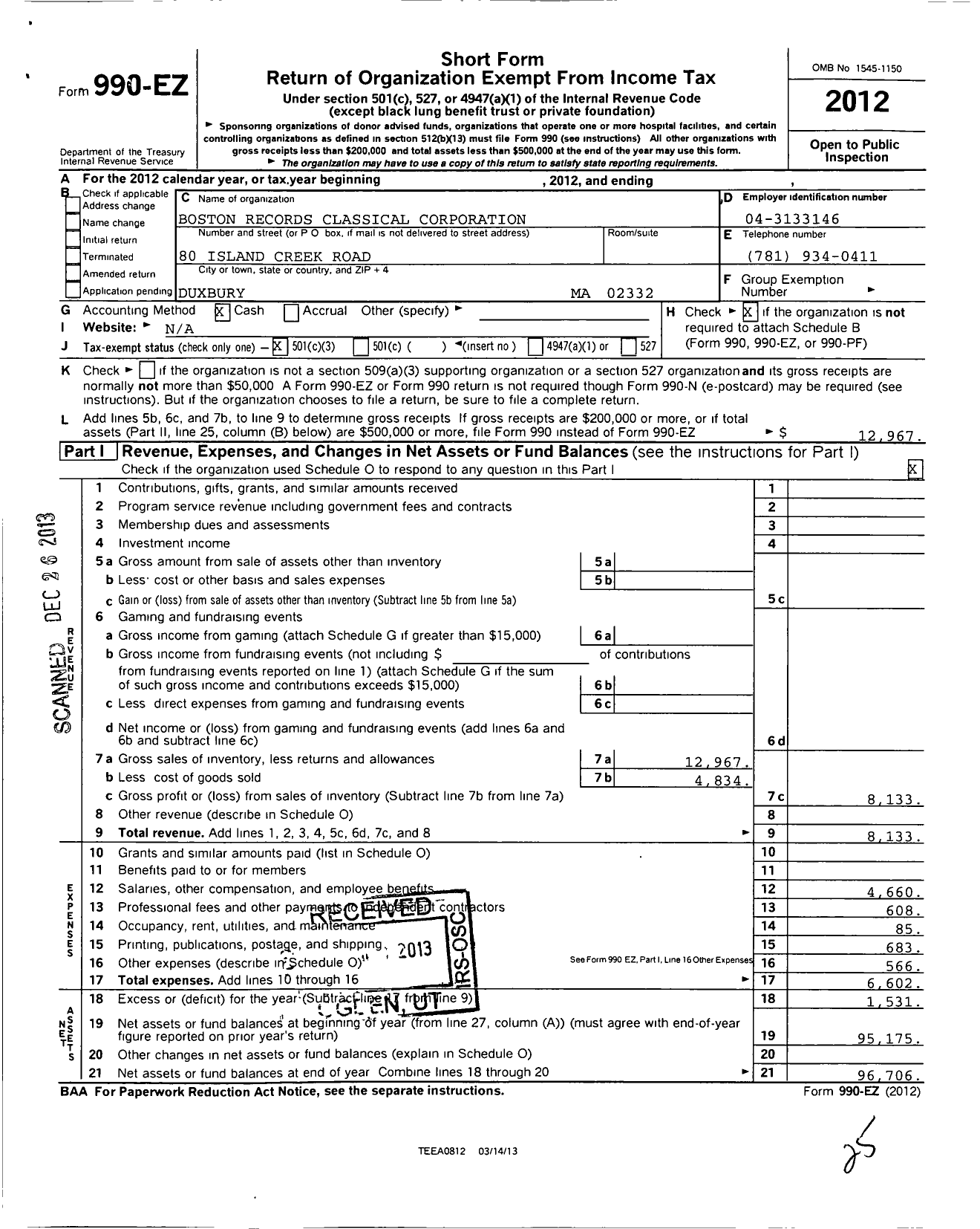 Image of first page of 2012 Form 990EZ for Boston Records Classical Corporation