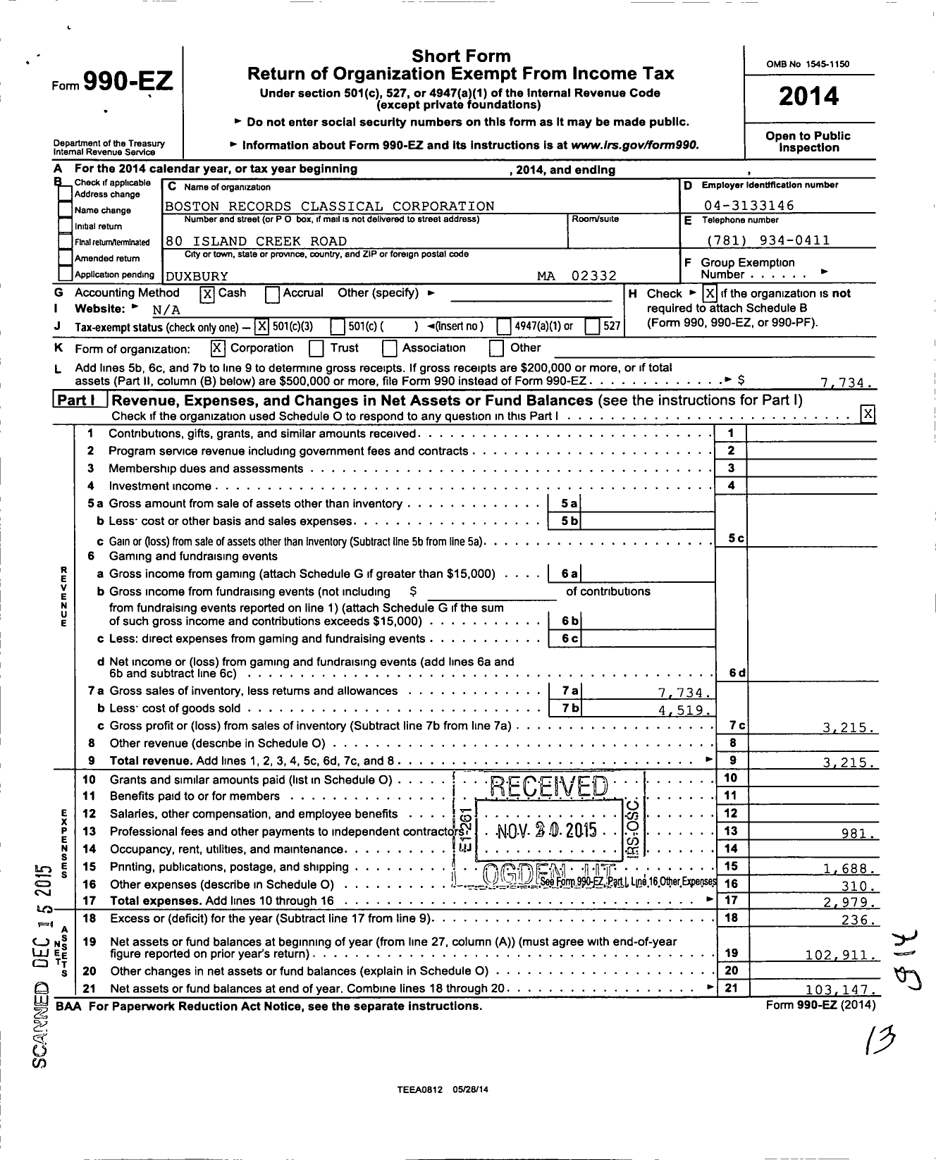 Image of first page of 2014 Form 990EZ for Boston Records Classical Corporation