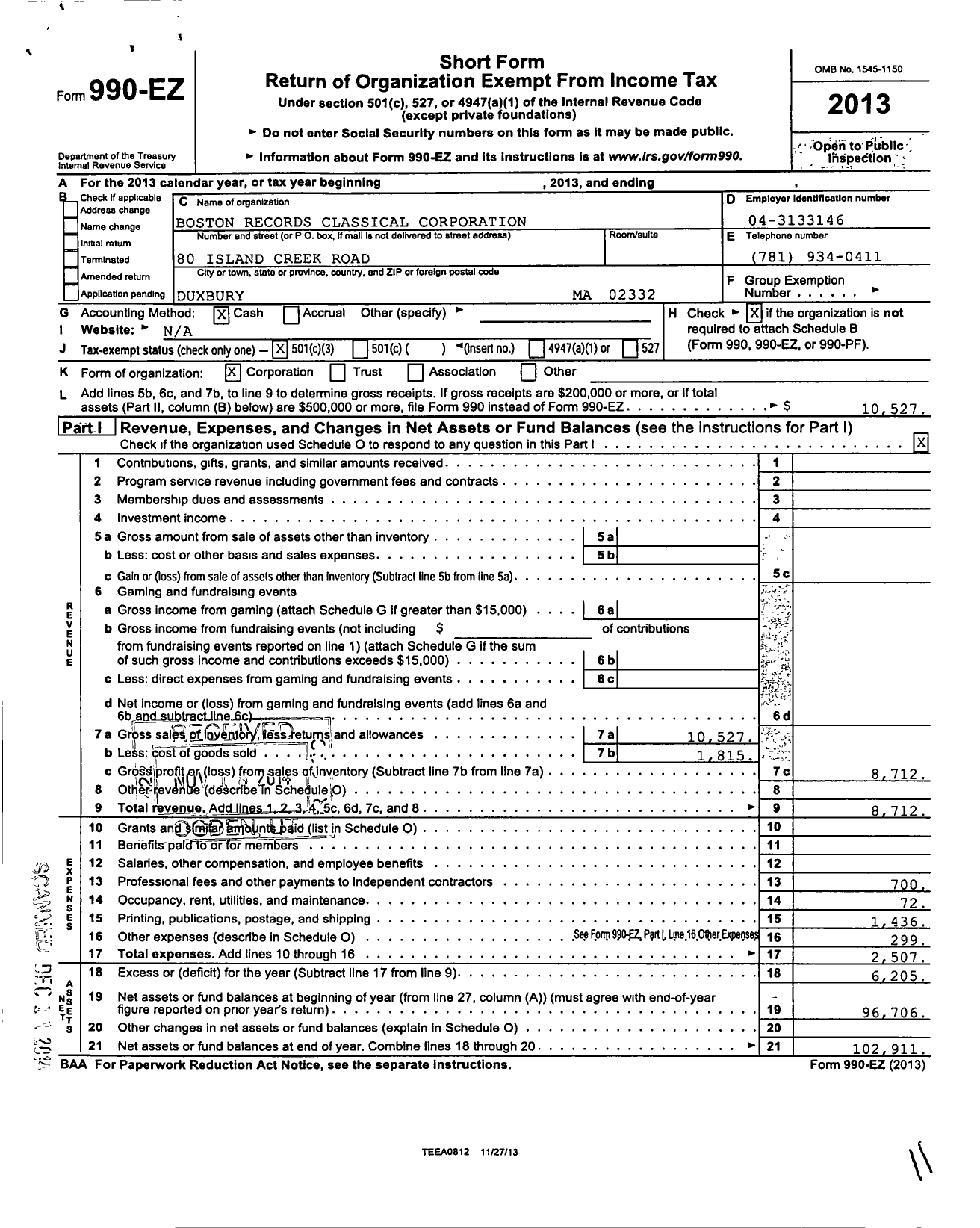 Image of first page of 2013 Form 990EZ for Boston Records Classical Corporation