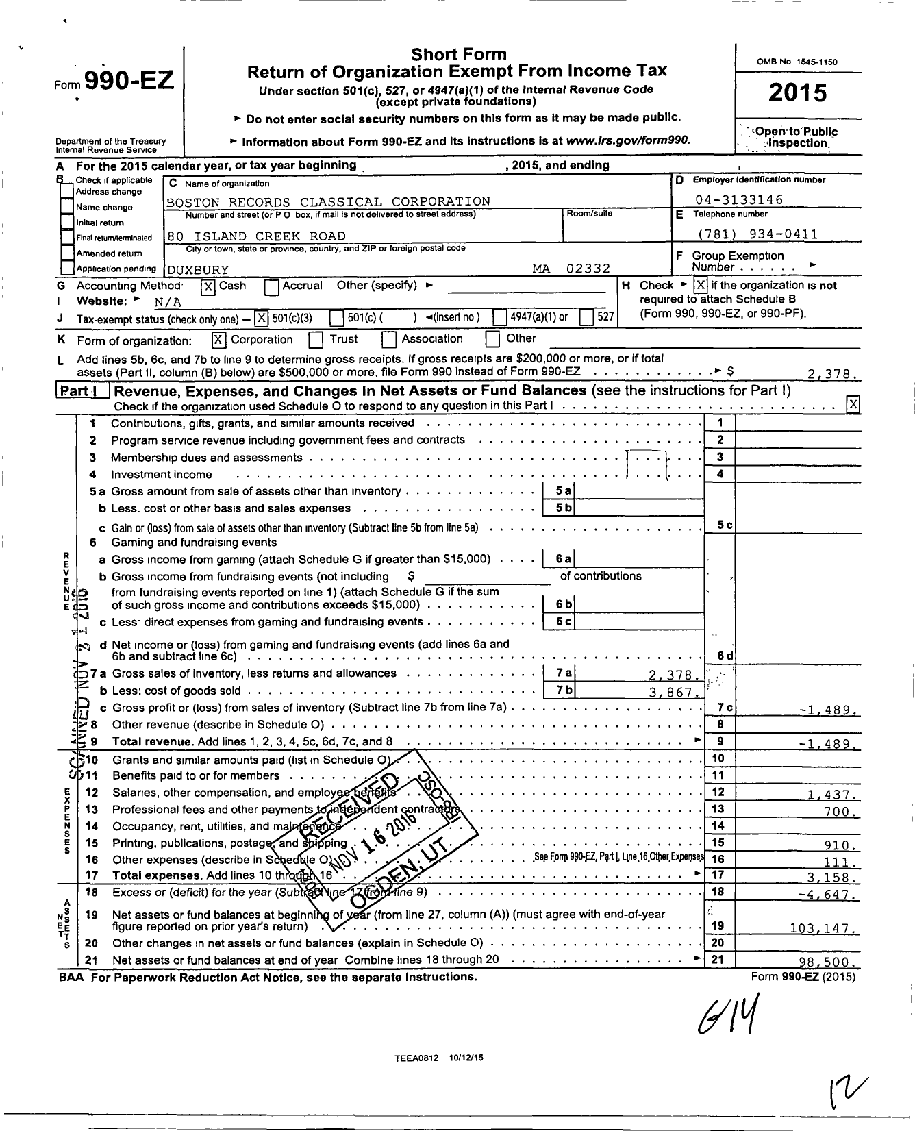 Image of first page of 2015 Form 990EZ for Boston Records Classical Corporation