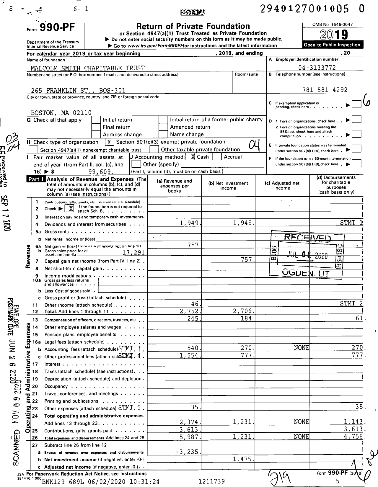 Image of first page of 2019 Form 990PF for Malcolm Smith Charitable Trust