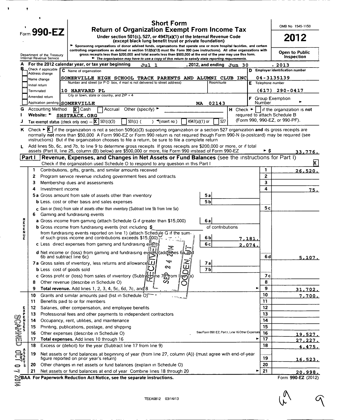 Image of first page of 2012 Form 990EZ for Somerville High School Track Parents and Alumni Club